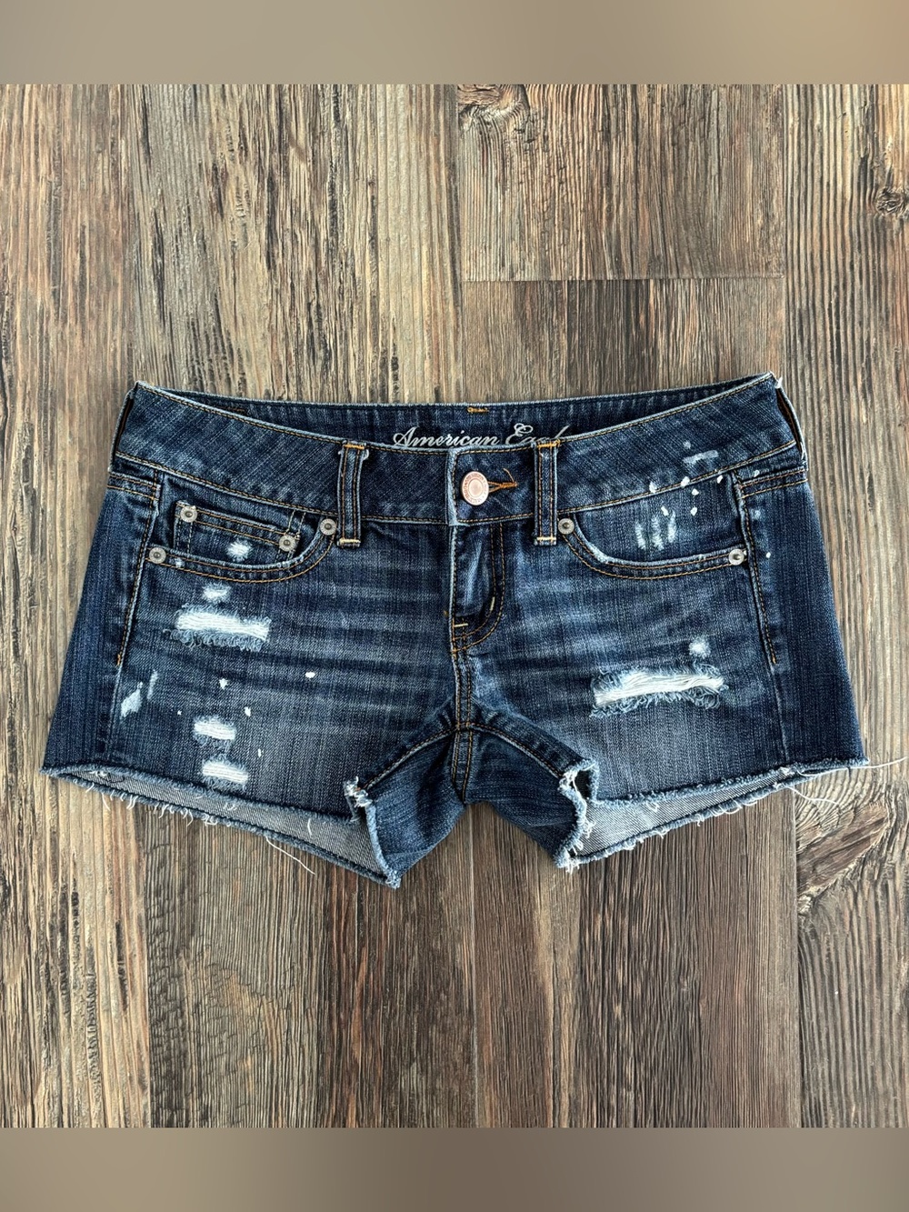 American Eagle Jean Shorts Jorts Womens 0 Blue Denim Distressed Paint 3” Inseam